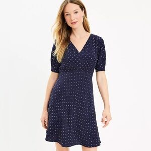 LOFT Petite Dotted Puff Sleeve V Neck Dress Sz 14 Navy Polka Dot Classic NWT